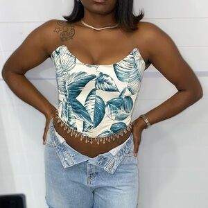Handmade Reversible Leaf Print Corset Top with Fringe